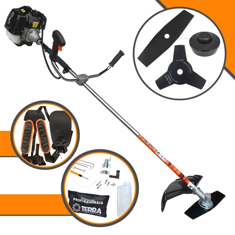 Roçadeira Robusta Terra GRH520 À Gasolina 52cc Motor 2 Tempos 2,5HP de Potência 6.500rpm Com Carretel de Nylon + Lâmina Facão + Lâmina 3 Pontas