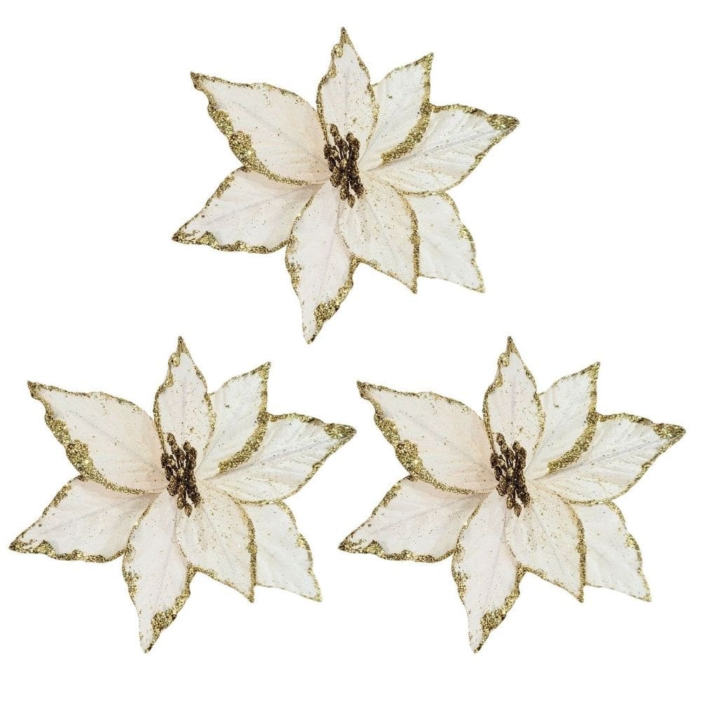 Kit 3 Flores Bico de Papagaio Natal Pick Veludo Champanhe Glitter Dourado 20cm