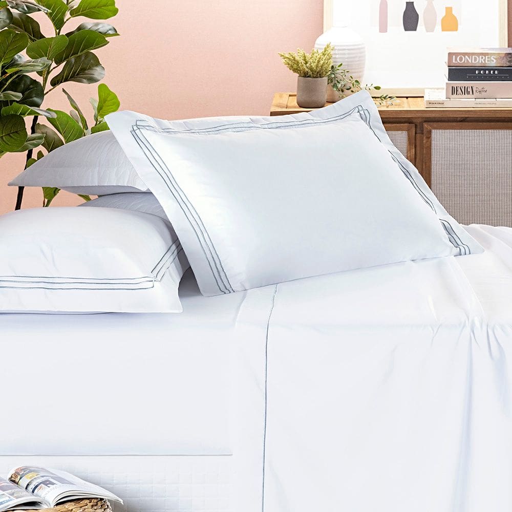 Jogo Cama Lençol Trivio Casal 400 Fios Bordado Fronhas Aba Americana 4 Peças Branco