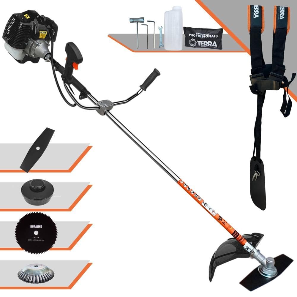 Roçadeira Lateral Completa Terra GRH-520 À Gasolina Motor 2 Tempos 2,5HP 52cc 6.500rpm + Kit Extra de Lâmina 80 Dentes e Escova de Aço 38 Cerdas