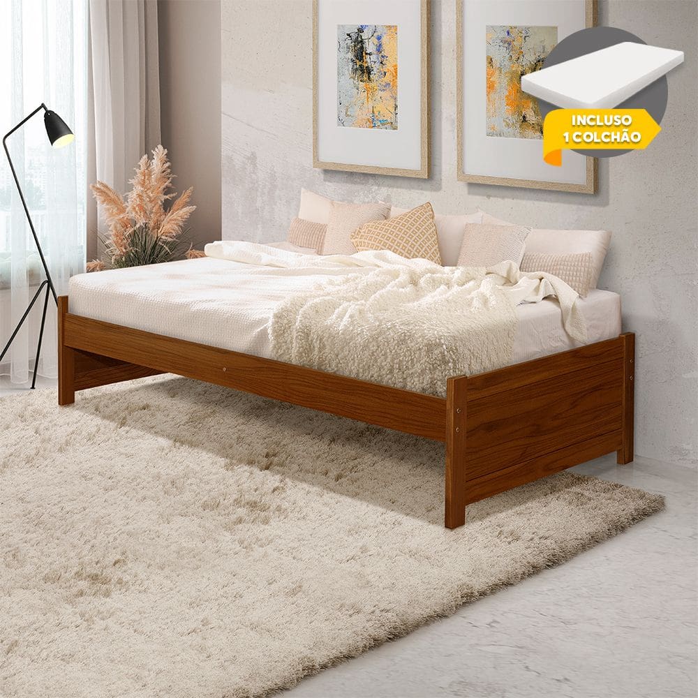 Cama de Solteiro com Colchão Madeira Maciça Gabrieli Mona Estrutura Reforçada Castanho
