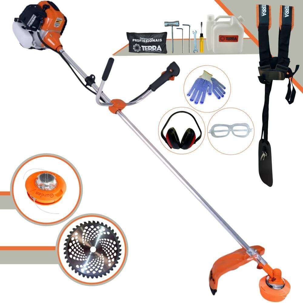 Roçadeira Multifunções Terra GR520-XP 2 Tempos 52cc 6.500rpm 2,5HP de Potência Cortador de Grama Com Cabeçote de Nylon + Lâmina 40 Dentes Vídea + EPI