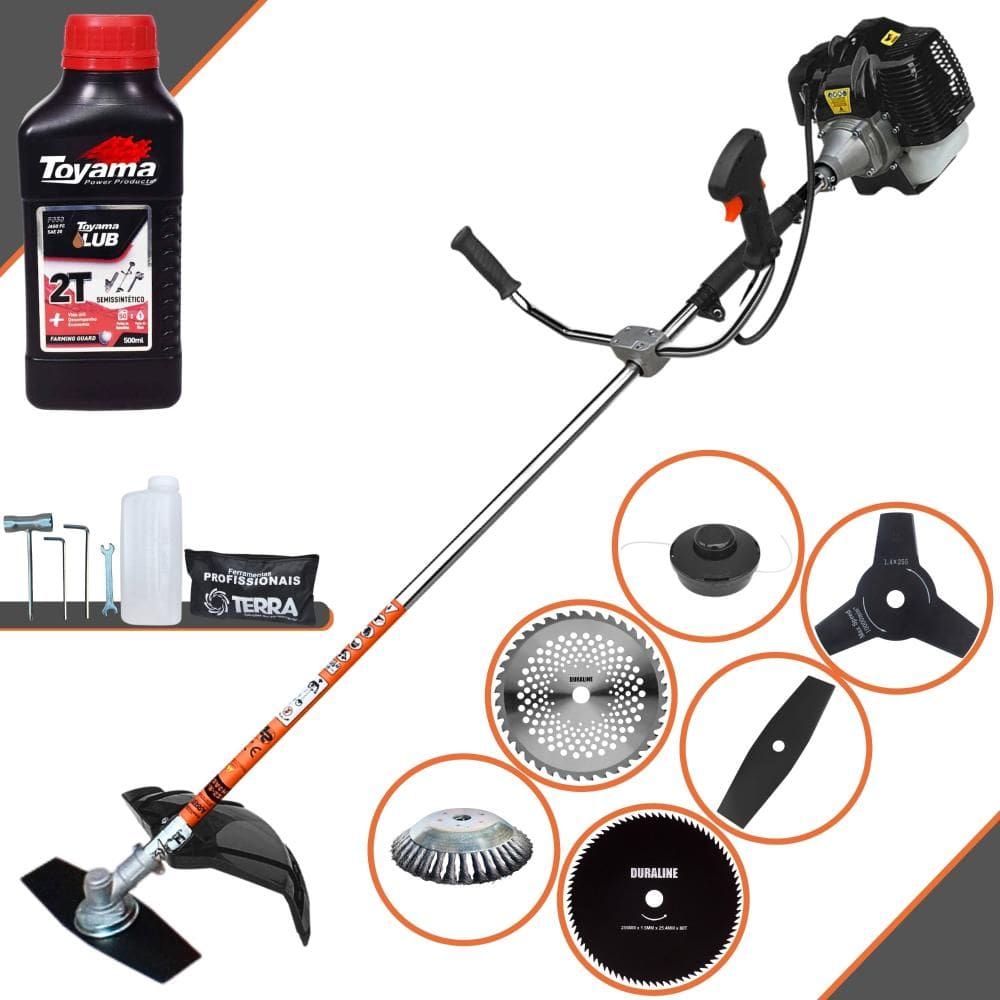 Roçadeira Terra GRH-520 À Gasolina 52cc 2,5HP 6.500rpm Cortador de Grama 6 Em 1 Com Carretel de Nylon + Kit 4 Facas + Escova de Aço + ÓLEO TOYAMA 2T