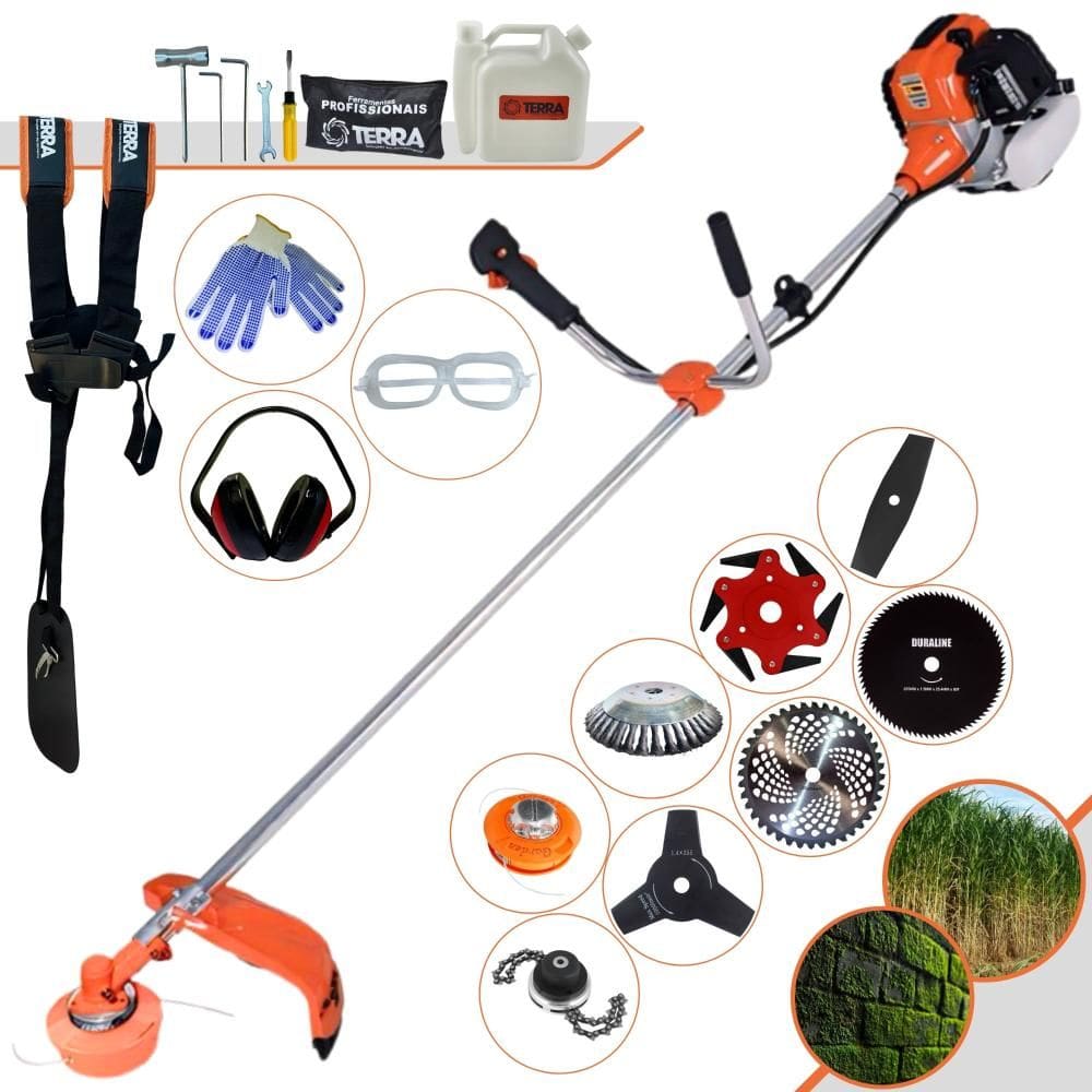 Roçadeira Profissional Completa Terra GR520XP À Gasolina Motor 2T 52cc 2,5HP de Potência Alta Rotação Com Carretel + Kit 7 Opções de Cortes + EPI