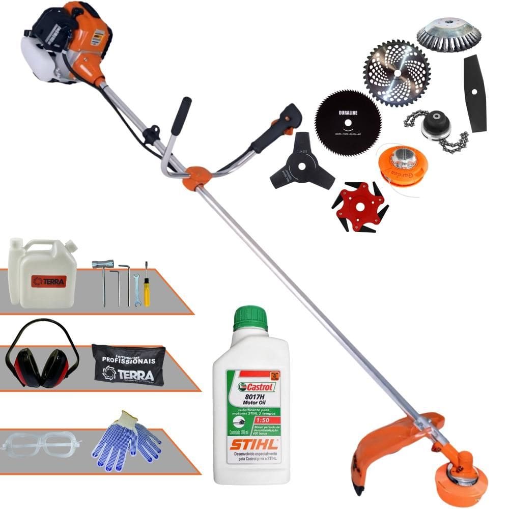 Máquina de Cortar Grama Lateral À Gasolina Terra GR520XP 6.500rpm 52cc 2,5HP de Potência Roçadeira Completa Com 8 Opções de Cortes + ÓLEO STIHL + EPI