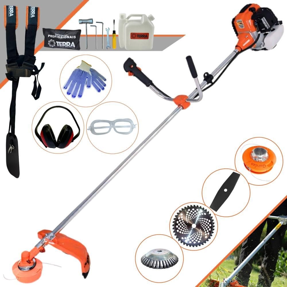 Roçadeira À Gasolina GR520XP Terra 2,5HP 52cc 6500rpm Com 4 Opções de Corte Lâmina Facão, Lâmina 40 Dentes Vídea, Carretel Nylon e Escova de Aço + EPI