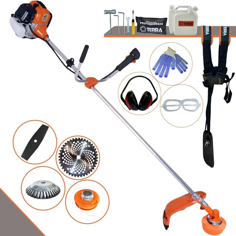 Máquina de Cortar Grama Terra GR520XP 52cc 2,5HP Roçadeira Completa Com Faca 2 Pontas, Faca 40 Dentes + Carretel Nylon + Escova de Aço 38 Cerdas + EPI