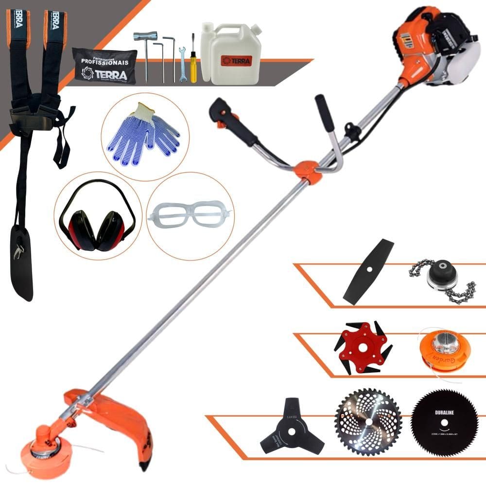 Roçadeira Lateral À Gasolina Terra GR520-XP 52cc 2,5HP 2T 6.500rpm Alta Performance Roçadeira Com Carretel de Nylon e Kit 6 Lâminas de Corte + EPI