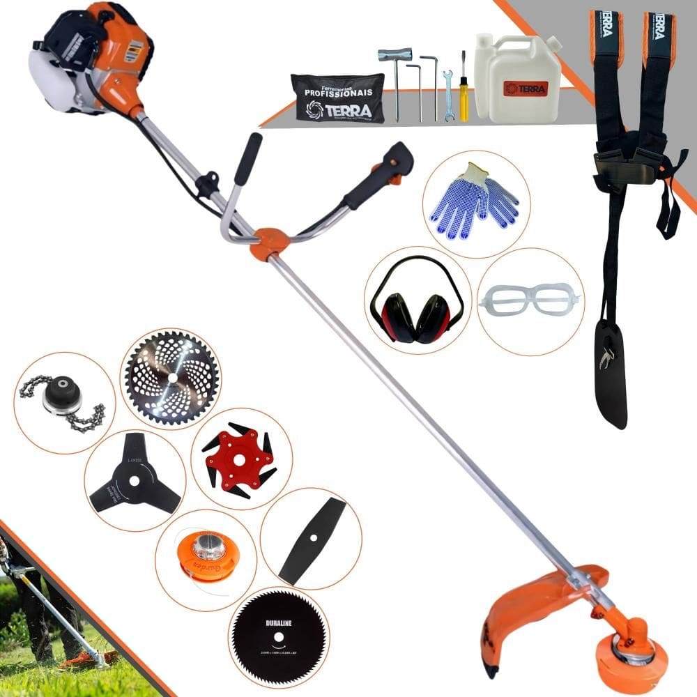 Roçadeira Multifuncional Terra GR520XP À Gasolina 2 Tempos 52cc 2,5HP Alta Rotação Ideal Para Todos os Tipos de Trabalhos Com 7 Opções de Cortes + EPI
