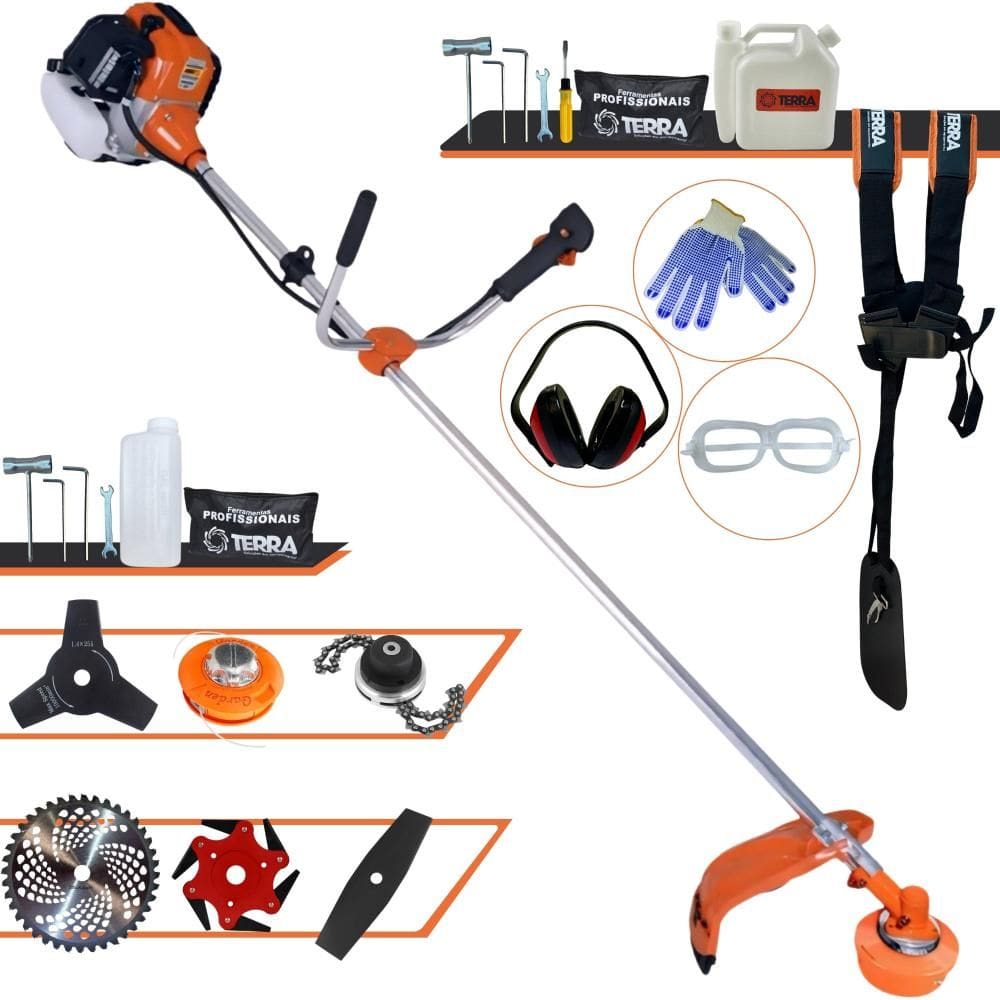 Roçadeira Terra GR520XP 52cc 2,5HP 6 Em 1 Com Carretel Nylon e Faca 2 Pontas + Faca 3 Pontas + Faca 6 Pontas + Faca 40 Dentes de Vídea + Trimmer + EPI