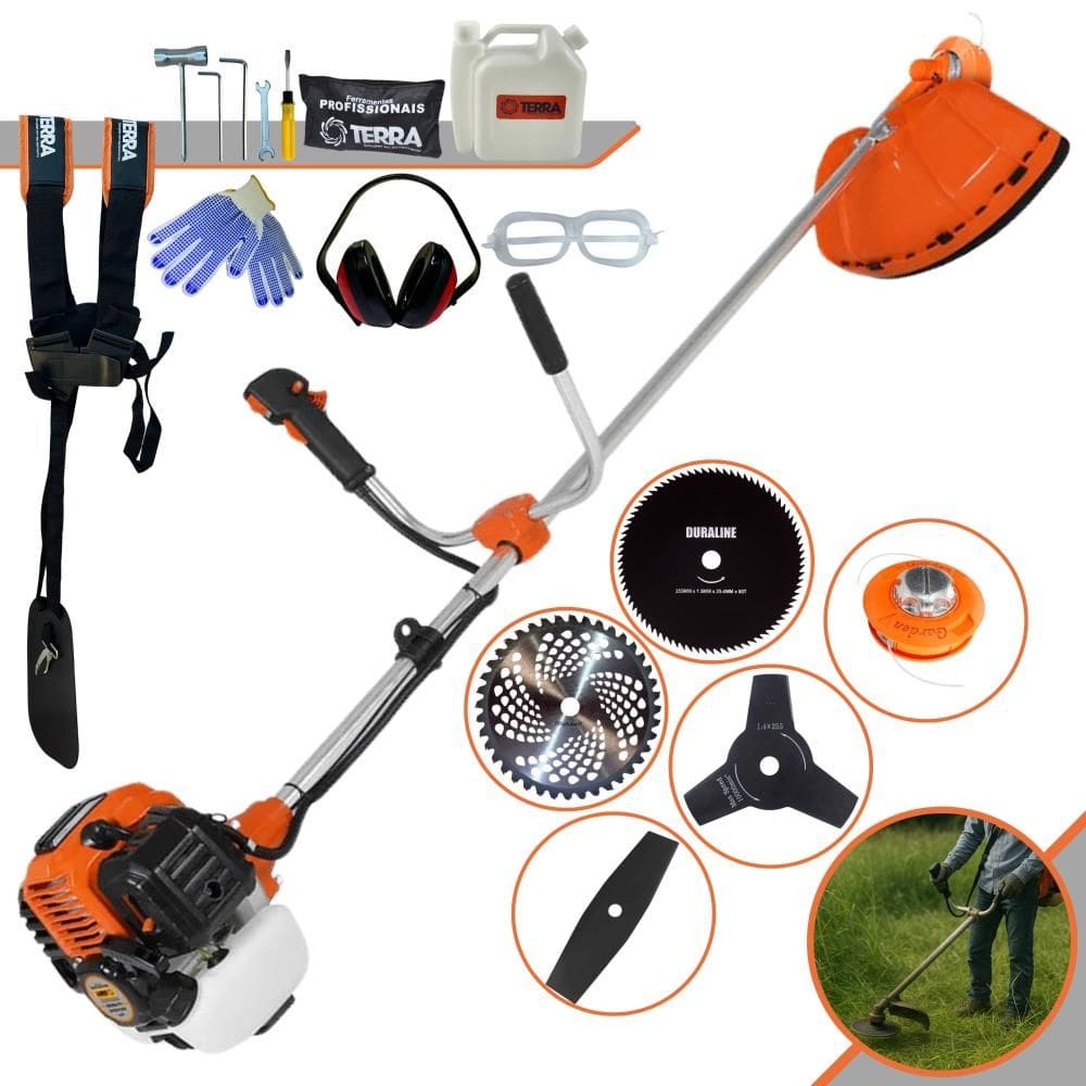 Roçadeira Multifuncional Terra GR520XP À Gasolina 2T 52cc 2,5HP 6.500rpm Completa Ideal Para Todos os Tipos de Trabalhos Com 5 Opções de Cortes + EPI