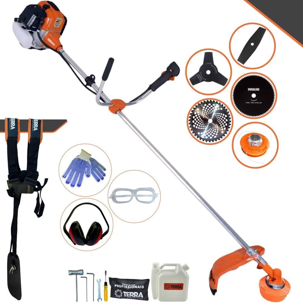 Roçadeira Terra GR520-XP À Gasolina 2T 52cc 2,5HP 5 Em 1 Com Carretel + Lâmina 2 Pontas + Lâmina 3 Pontas + Lâmina 40 Dentes + Lâmina 80 Dentes + EPI