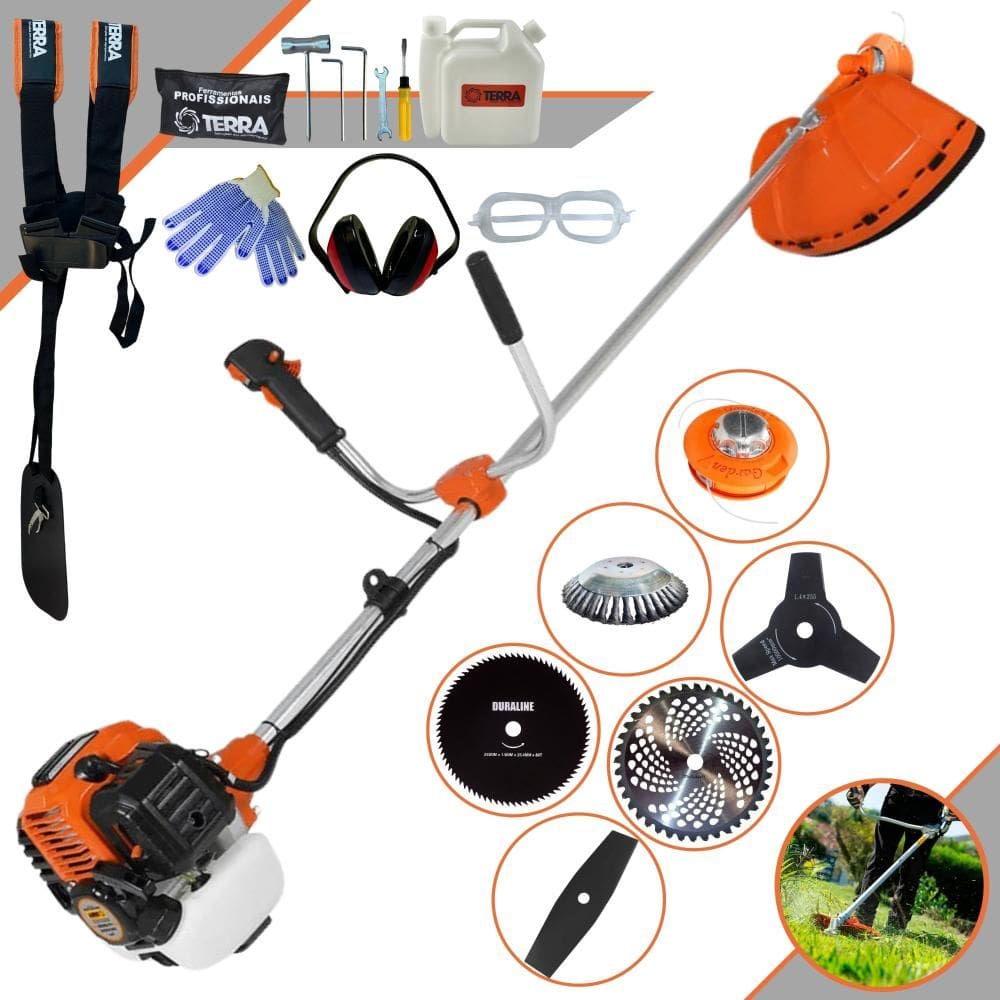 Aparador de Grama À Gasolina Terra GR520XP 52cc 2,5HP 6.500rpm Multifuncional Com 4 Lâminas de Corte + Carretel Nylon + Escova de Aço 38 Cerdas + EPI