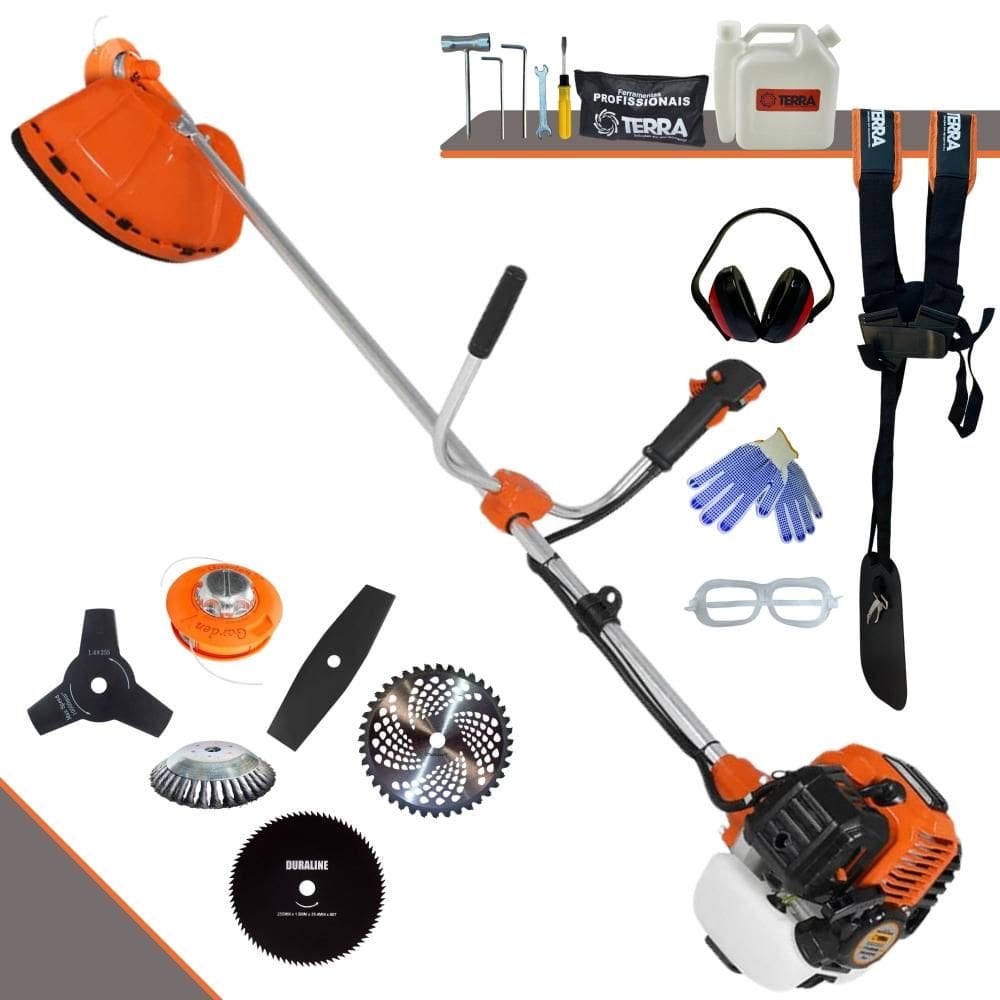 Roçadeira À Gasolina 2T Terra GR520-XP 2,5HP 52cc Com Carretel de Nylon, Faca 2 Pontas, Faca 3 Pontas, Faca 40 Dentes, Faca 80 Dentes e Escova + EPI