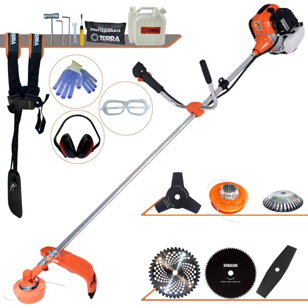 Máquina de Cortar Grama À Gasolina Terra GR520XP 52cc 2,5HP 6500rpm Roçadeira Com Carretel Nylon + 4 Lâminas de Cortes + Escova de Aço 38 Cerdas + EPI