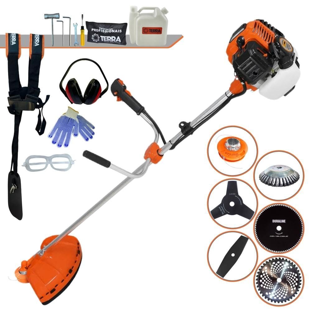 Cortador de Grama Robusto À Gasolina Terra GR520XP 52cc 2,5HP de Potência 6500rpm Roçadeira Profissional Lateral Completa Com 6 Opções de Cortes + EPI