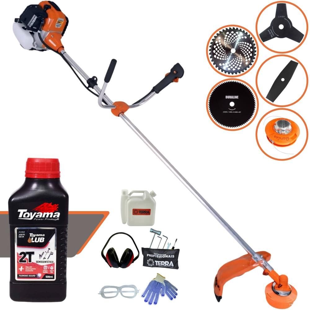 Roçadeira Multifuncional Terra GR520-XP À Gasolina 52cc 2,5HP 6.500rpm 5 Em 1 Com Carretel Nylon + Kit 4 Lâminas de Corte + ÓLEO TOYAMA 2 Tempos + EPI