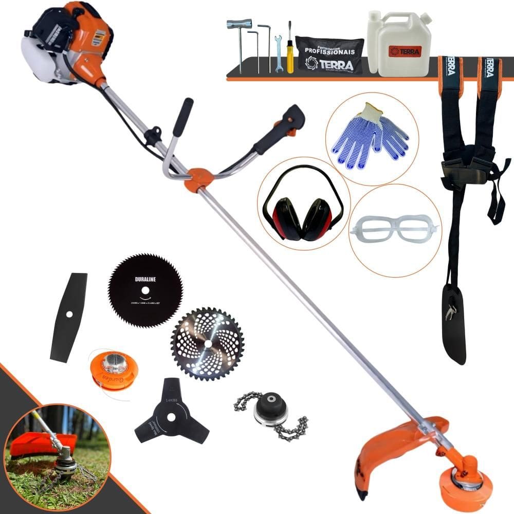 Roçadeira À Gasolina Terra GR520XP 52cc 2T 2,5HP C/ 6 Opções de Corte Com Carretel + Facas 2 Pontas + 3 Pontas + 40 Dentes + 80 Dentes + Trimmer + EPI