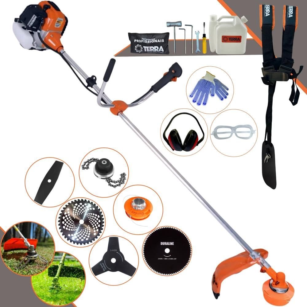 Roçadeira À Gasolina Terra GR520XP 52cc 2,5HP 6 Em 1 Com Carretel + Faca 2 Pontas + Faca 3 Pontas + Faca 40 Dentes + Faca 80 Dentes + Trimmer + EPI