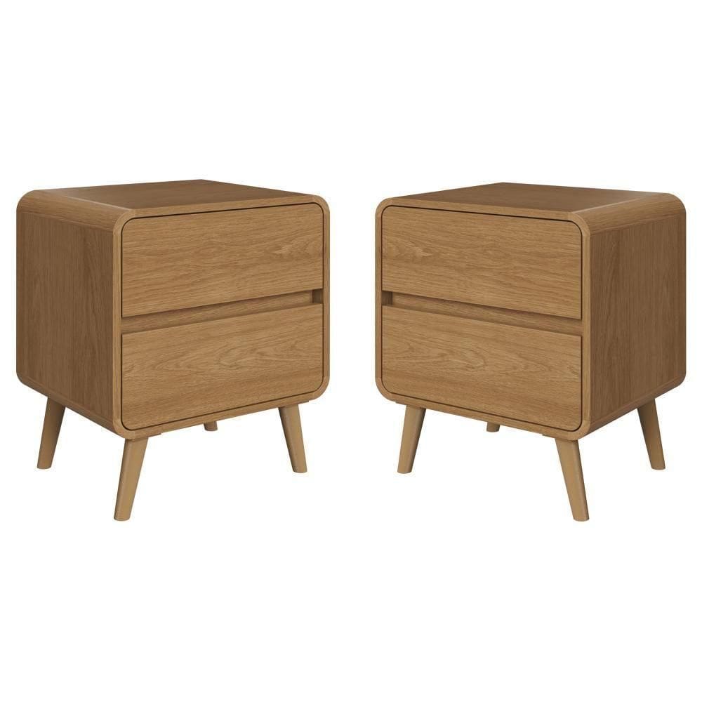 Kit Conjunto 02 Mesas De Cabeceira Canto Curvo Com 02 Gavetas E Pés Palito Retrô Carvalho Xingu