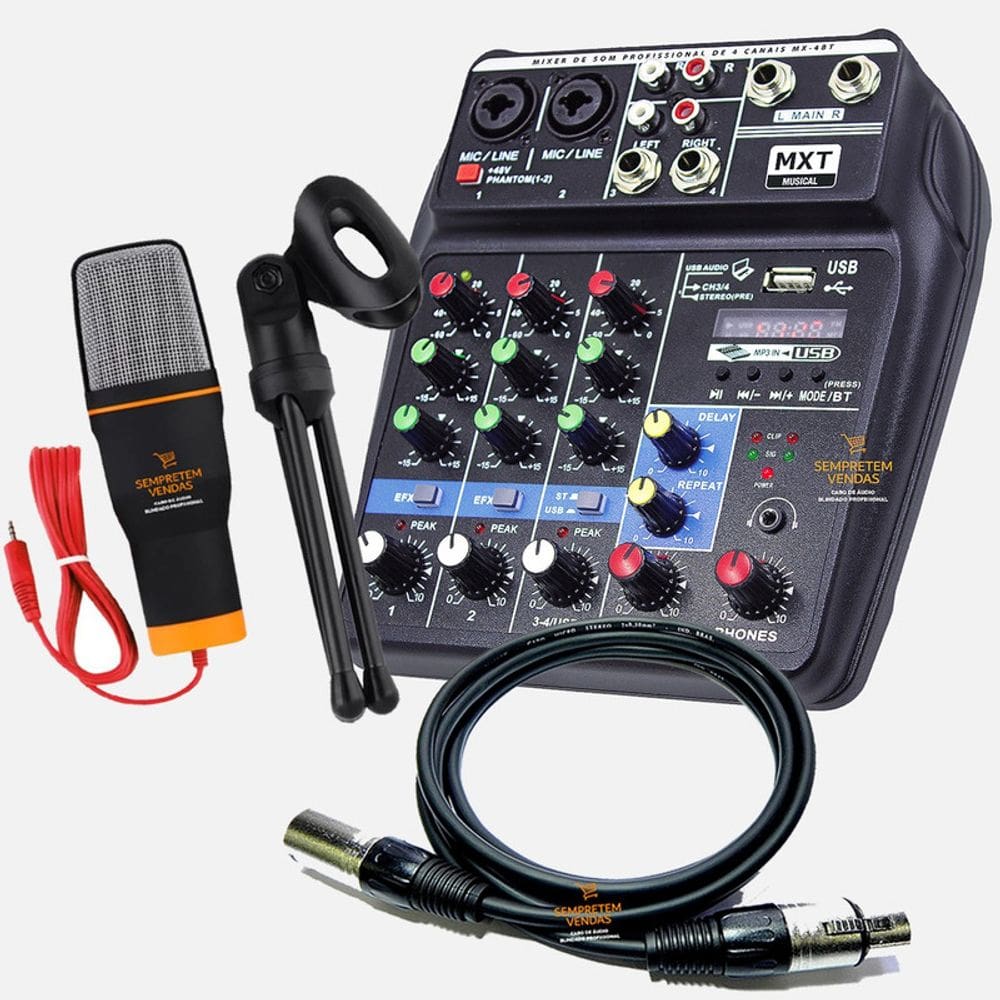 Kit Mesa de Som MXT, Microfone e Cabo de Áudio XLR 5 Metros