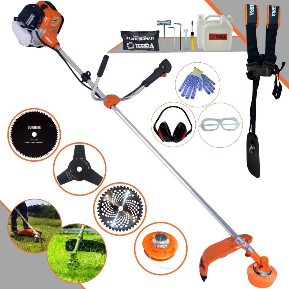 Roçadeira À Gasolina Terra GR520XP Motor 2T 52cc 6.500rpm Completa Com Carretel de Nylon + Lâmina 3 Pontas + Lâmina 40 Dentes + Lâmina 80 Dentes + EPI