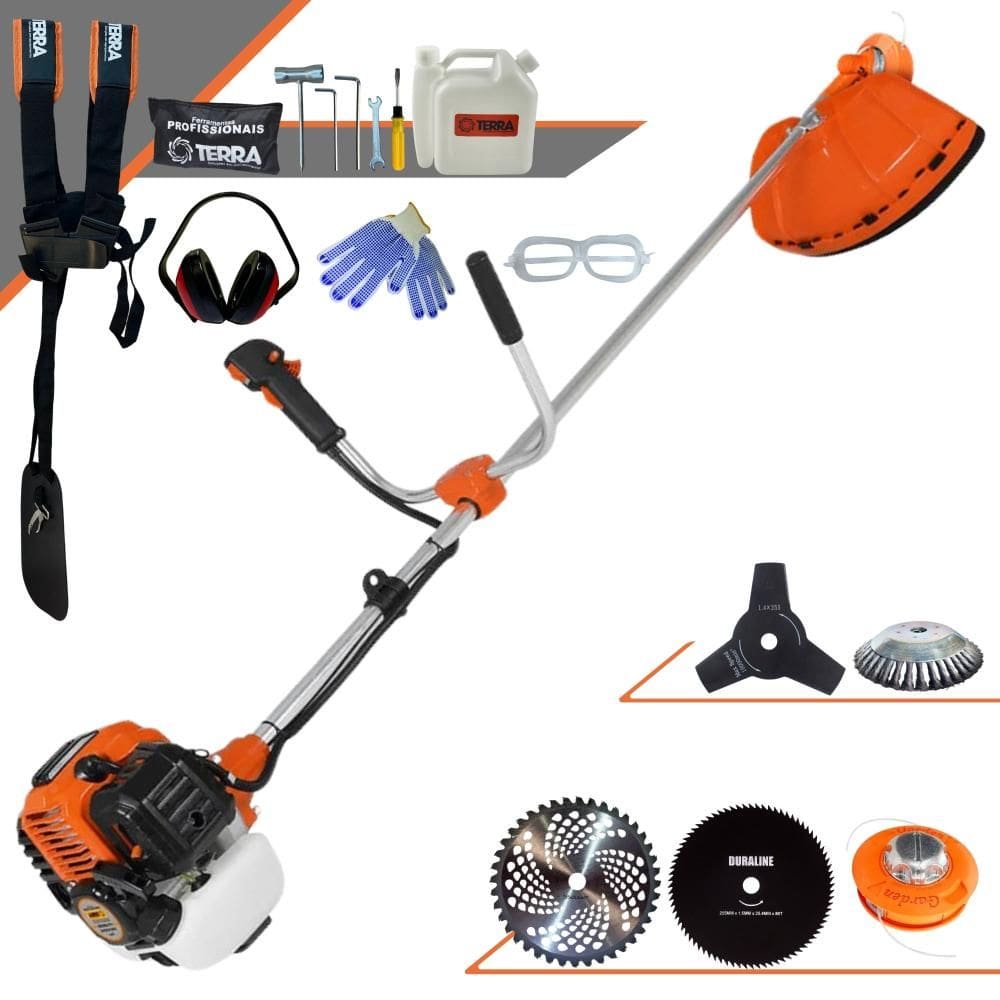 Roçadeira Terra GR520-XP À Gasolina 2T 52cc 2,5HP Completa Com Carretel Nylon + Faca 3 Pontas + Faca 40 Dentes + Faca 80 Dentes + Escova de Aço + EPI