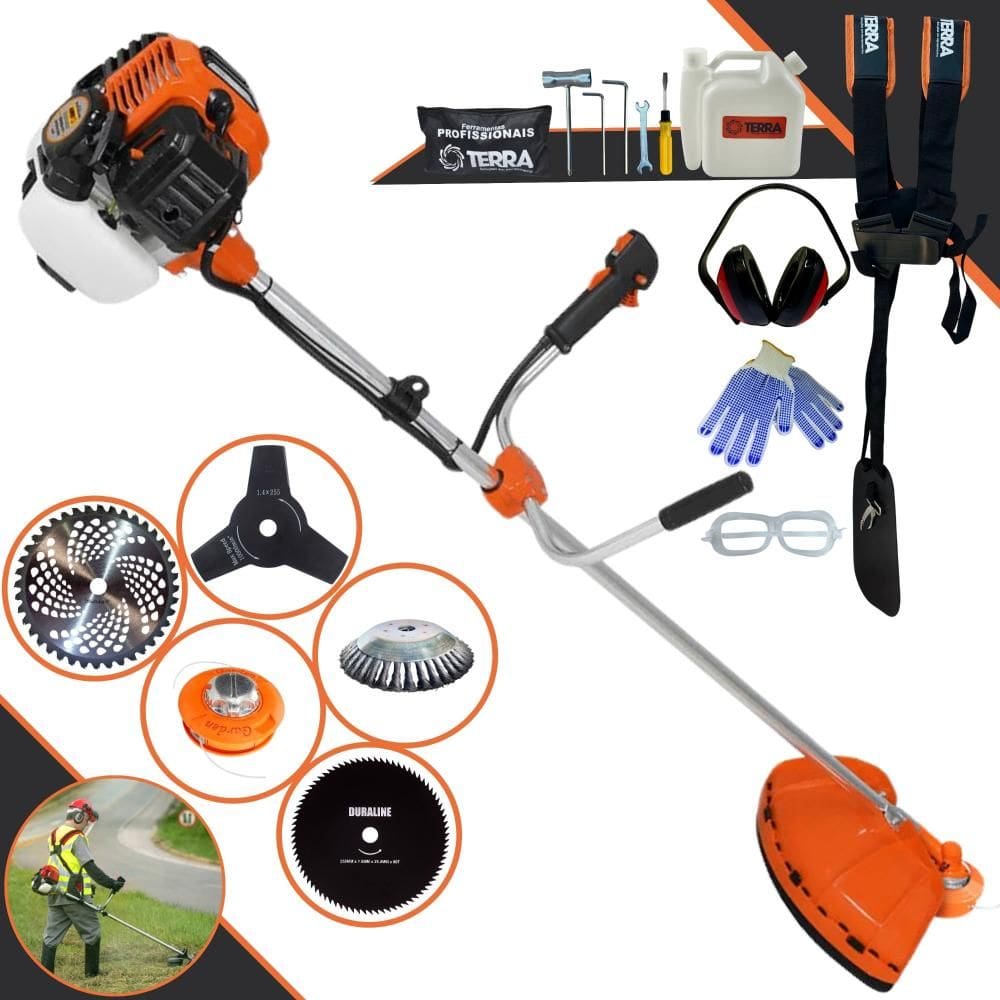 Roçadeira Robusta Terra GR520XP À Gasolina 52cc 2,5HP 5 Opções de Corte Com Facas 3 Pontas, 40 Dentes, 80 Dentes, Escova de Aço e Carretel Nylon + EPI