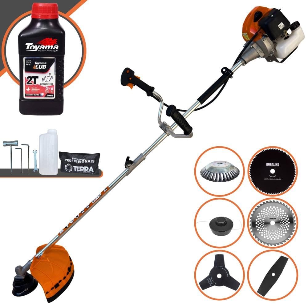 Roçadeira Completa Terra GRHB430 Bi-Partida À Gasolina 43cc Com Carretel e Faca 2 Pontas + Facas 3 Pontas, 40 Dentes, 80 Dentes + Escova + ÓLEO TOYAMA