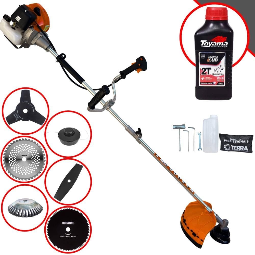 Roçadeira Terra GRHB430 Bi-Partida 43cc 1,7HP Com Carretel e Faca 2 Pontas + Faca 3 Pontas + Faca 40 Dentes + Faca 80 Dentes + Escova + ÓLEO TOYAMA