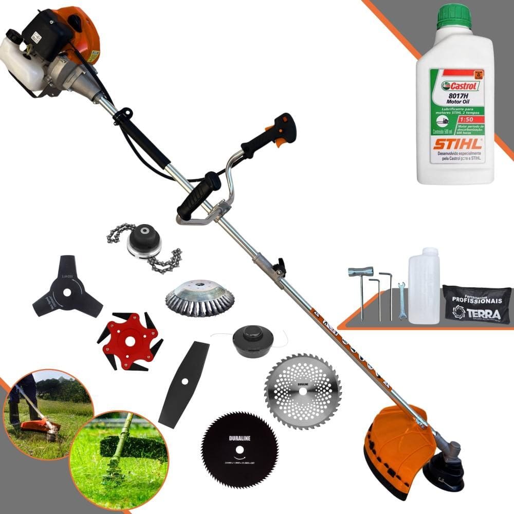 Roçadeira Terra GRHB430 Bi-Partida 43cc 1,7HP Com Carretel + Facas 2 Pontas, 3 Pontas, 6 Pontas, 40 Dentes, 80 Dentes, Trimmer, Escova + ÓLEO STIHL 2T