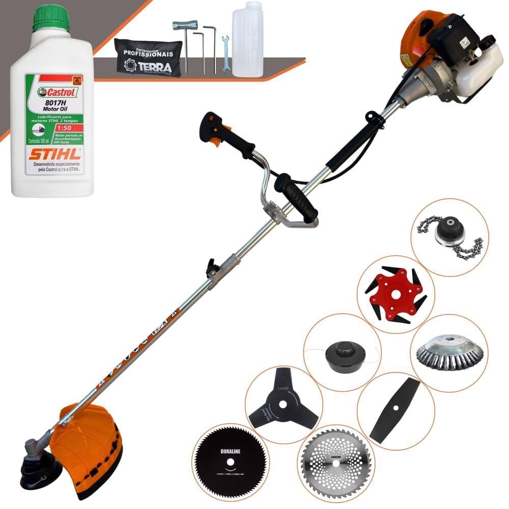 Cortador de Grama Completa À Gasolina Terra GRHB430 Bi-Partida 43cc 1,7HP Alta Performance Com Carretel de Nylon + Kit 7 Opções de Corte + ÓLEO STIHL