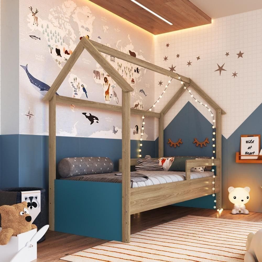 Cama Infantil Montessoriana Casinha Menino Menina Solteiro Com Proteção Lateral Aveiro Oak Com Azul