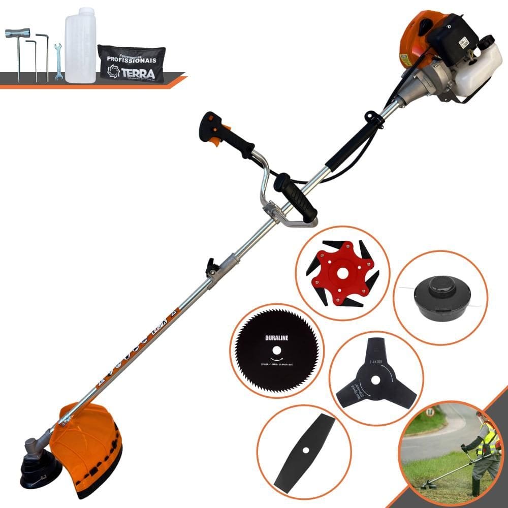 Roçadeira Terra GRHB430 Bipartida À Gasolina 43cc 1,7HP Completo Com 5 Opções de Corte Com Carretel + Facas 2 Pontas + 3 Pontas + 6 Pontas + 80 Dentes