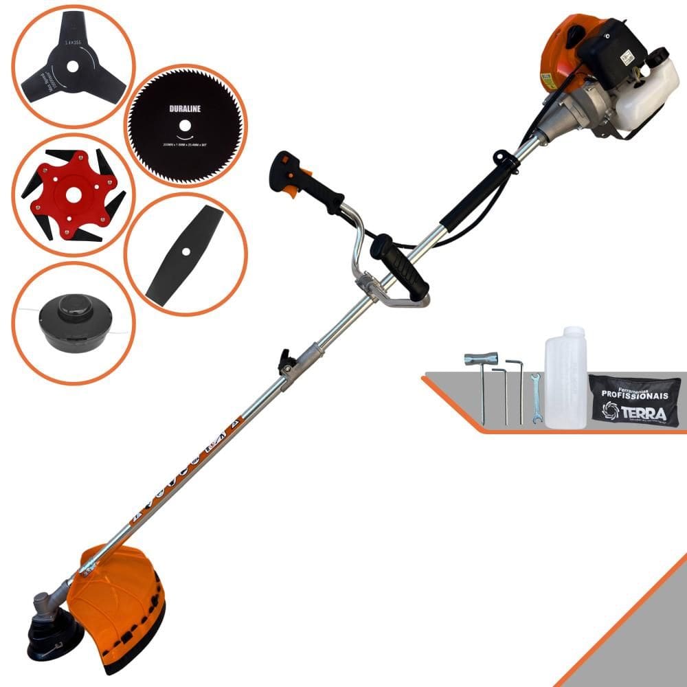 Roçadeira À Gasolina Terra GRHB430 Bipartida 43cc 2T 1,7HP 5 Em 1 C/ Carretel + Lâmina 2 Pontas + Lâmina 3 Pontas + Lâmina 6 Pontas + Lâmina 80 Dentes