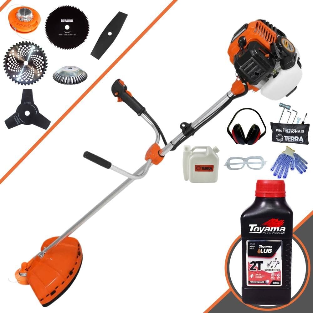 Roçadeira Terra GR520-XP À Gasolina 52cc 2,5HP 6.500rpm Cortador de Grama 6 Em 1 Com Carretel de Nylon + Kit 4 Facas + Escova + ÓLEO TOYAMA 2T + EPI