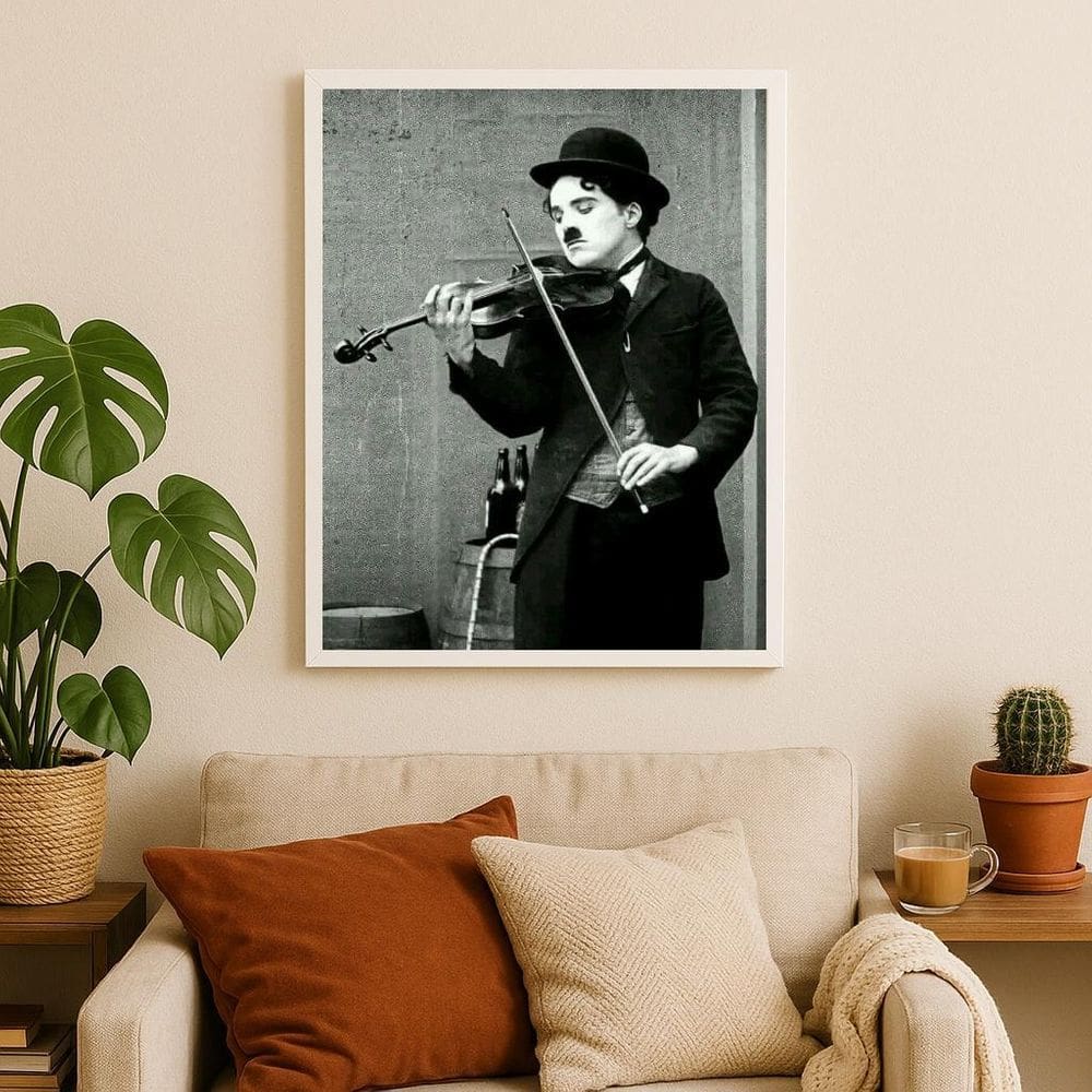 Quadro Charlie Chaplin Tocando Violino 33X24Cm - Com Vidro