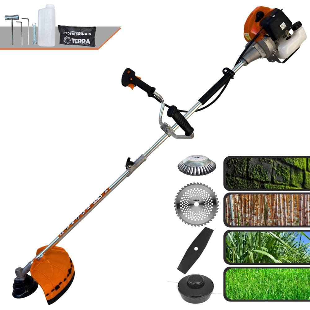 Roçadeira Lateral Terra GRHB430 Bipartido À Gasolina 43cc 1,7HP 12000rpm 4 Em 1 Com Carretel de Nylon e Faca 2 Pontas + Faca 40 Dentes + Escova de Aço