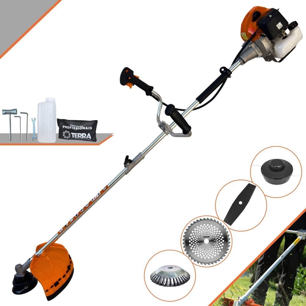 Máquina de Cortar Grama Terra GRHB-430 Bipartido 43cc 1,7HP Roçadeira Completa Com Faca 2 Pontas, Faca 40 Dentes + Carretel + Escova de Aço 38 Cerdas