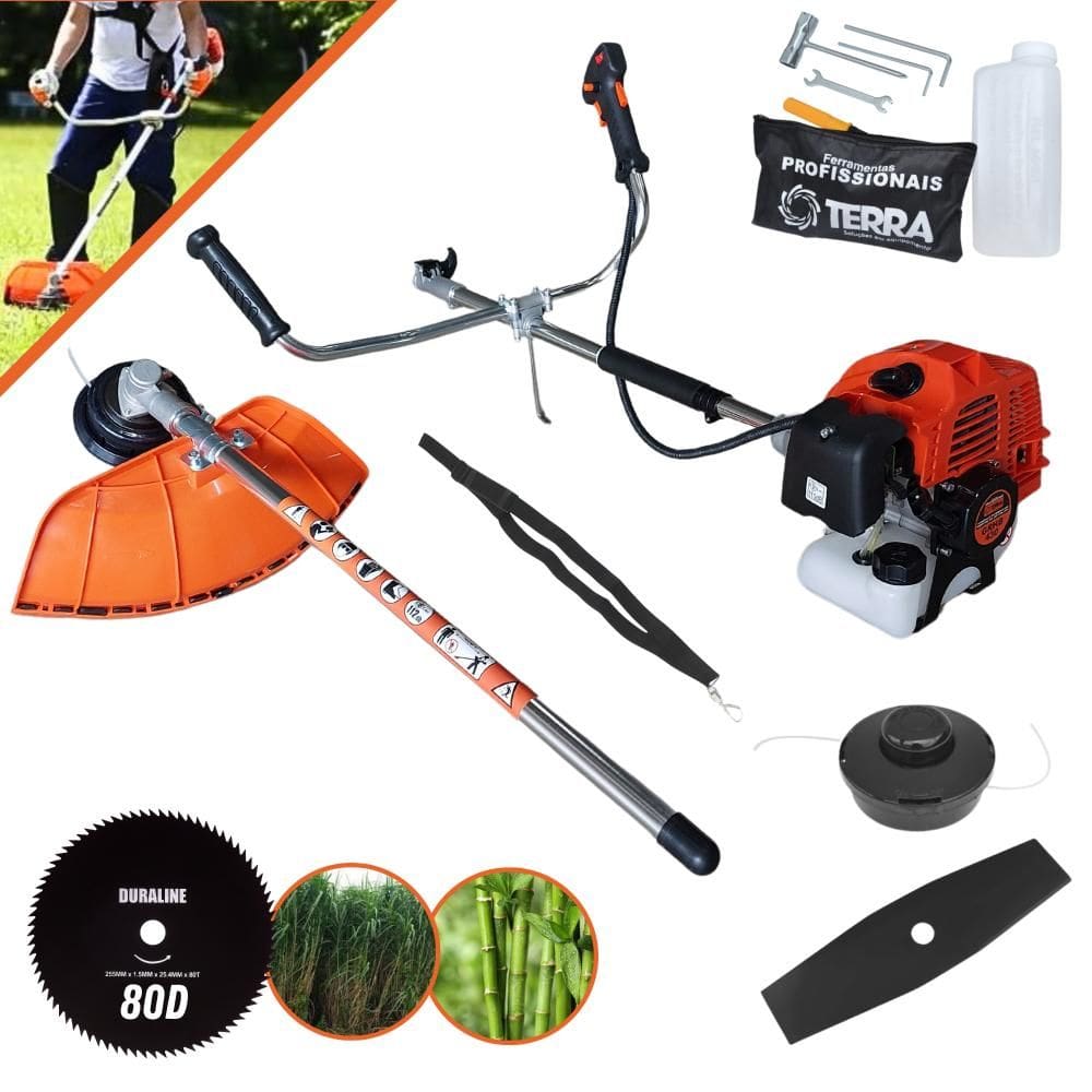 Roçadeira Completa Terra GRHB430 Bipartida À Gasolina 2T 1,7HP de Potência 43cc 12.000rpm Com Carretel de Nylon + Faca 2 Pontas + Faca 80 Dentes 255mm