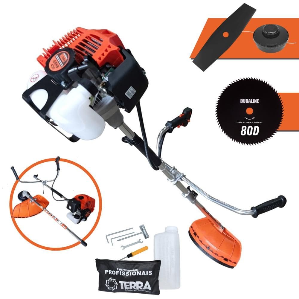 Roçadeira Profissional À Gasolina Terra GRHB-430 Bipartida 43cc 2T 1,7HP Alta Rotação Com 3 Opções de Corte Carretel + Faca 2 Pontas + Faca 80 Dentes