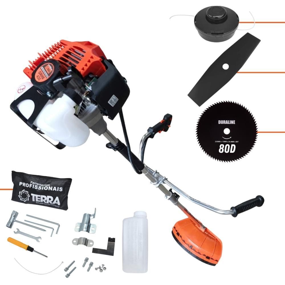 Roçadeira Profissional Terra GRHB430 Bi-Partida À Gasolina 2T 43cc 1,7HP de Potência 12.000rpm + Lâmina Facão + Lâmina 80 Dentes + Carretel de Nylon