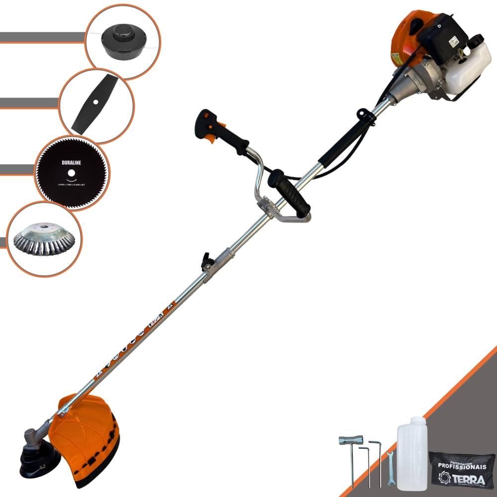 Roçadeira Completa À Gasolina Terra GRHB430 Bi-Partido 2T 43cc 1,7HP 12.000rpm Com Lâmina Facão + Lâmina 80 Dentes + Escova de Aço 38 + Carretel Nylon
