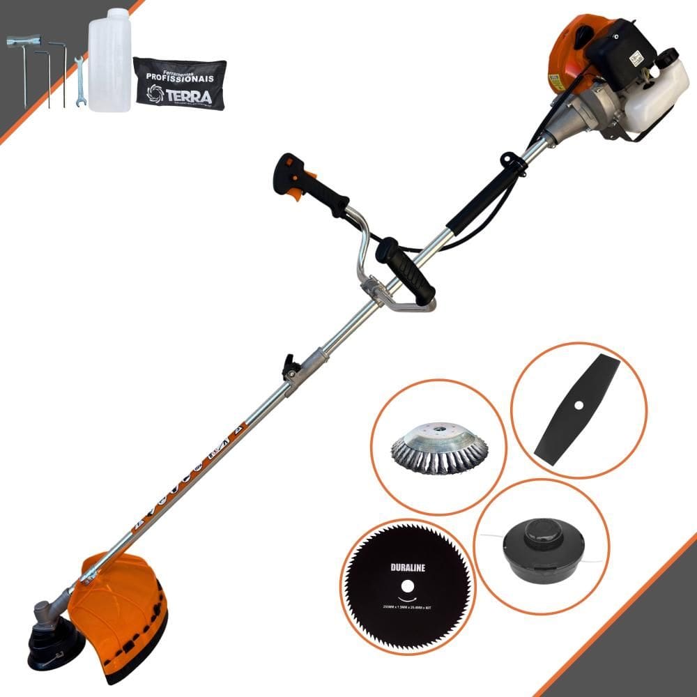 Roçadeira À Gasolina Terra GRHB430 Bi-Partido 43cc 2T 1,7HP Alta Rotação Com 4 Opções de Corte Com Carretel + Faca 2 Pontas + Faca 80 Dentes + Escova