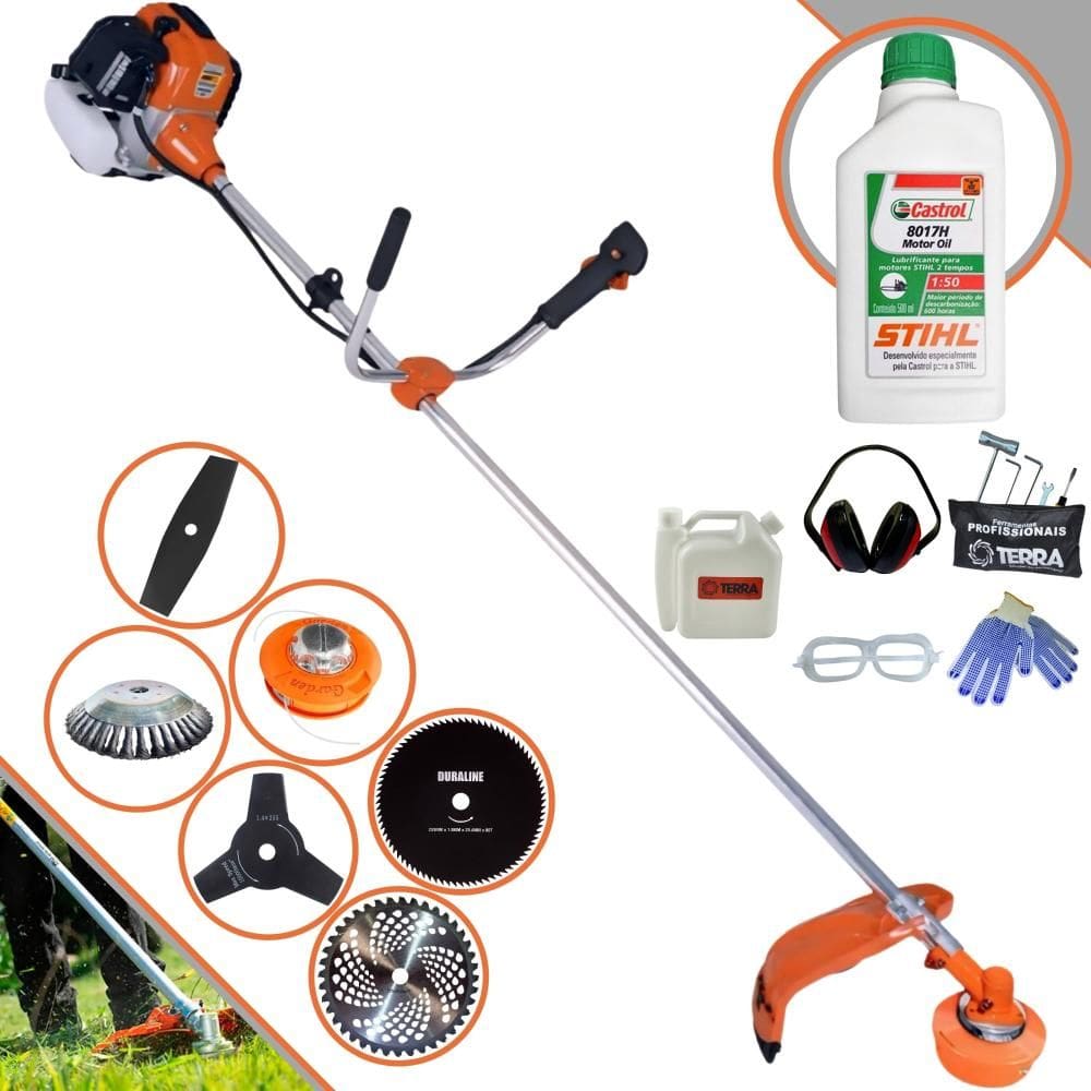 Roçadeira Robusta Terra GR520XP À Gasolina 52cc 2,5HP 6.500rpm Multifuncional Com Carretel + 4 Lâminas de Corte + Escova de Aço + ÓLEO STIHL 2T + EPI