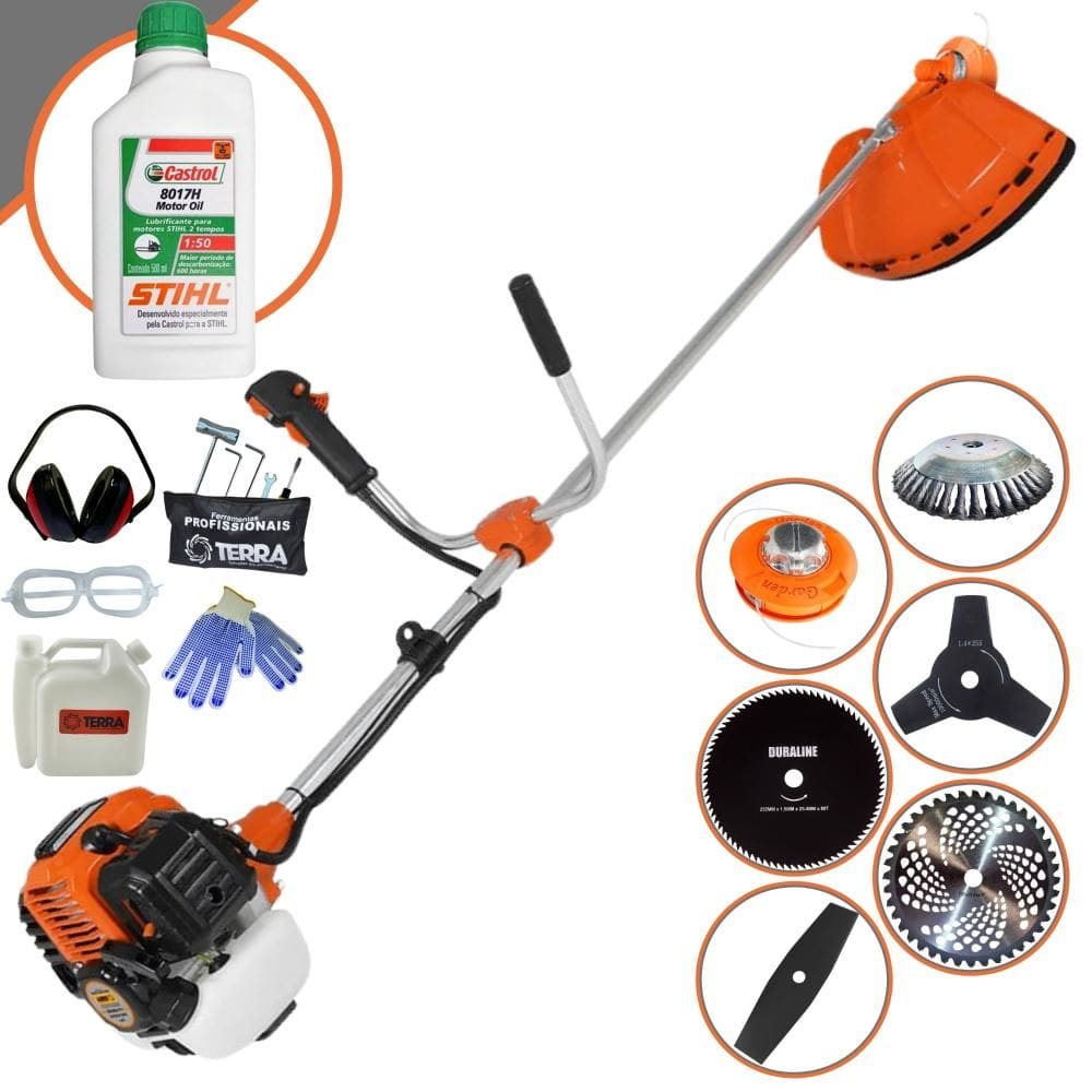 Roçadeira À Gasolina Terra GR520-XP 52cc Com Faca 2 Pontas + Facas 3 Pontas, 40 Dentes Vídea, 80 Dentes, Escova de Aço e Carretel + ÓLEO STIHL + EPI