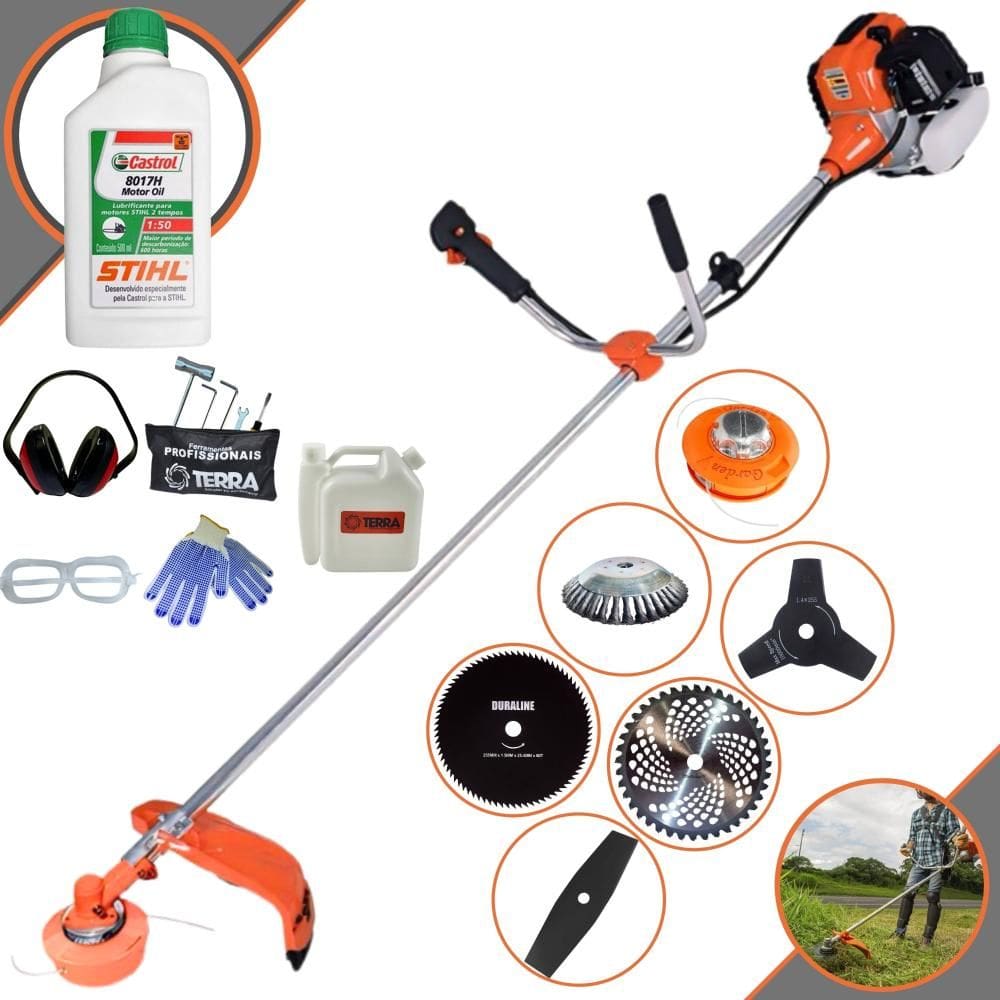 Roçadeira Terra GR520XP 52cc Com Carretel de Nylon + Lâmina Facão + Lâmina 3 Pontas + Lâmina 40 Dentes + Lâmina 80 Dentes + Escova + ÓLEO STIHL + EPI