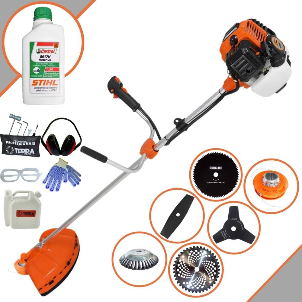 Roçadeira 6 Em 1 Terra GR520XP 52cc Com Carretel + Faca 2 Pontas + Faca 3 Pontas + Faca 40 Dentes + Faca 80 Dentes + Escova + ÓLEO STIHL 2T + EPI