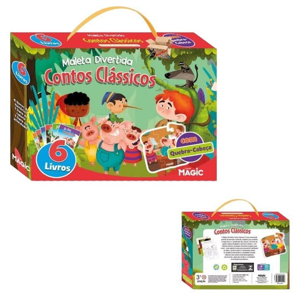 Kit Livro Infantil Maleta Divertida 6 Livros + Quebra Cabeça