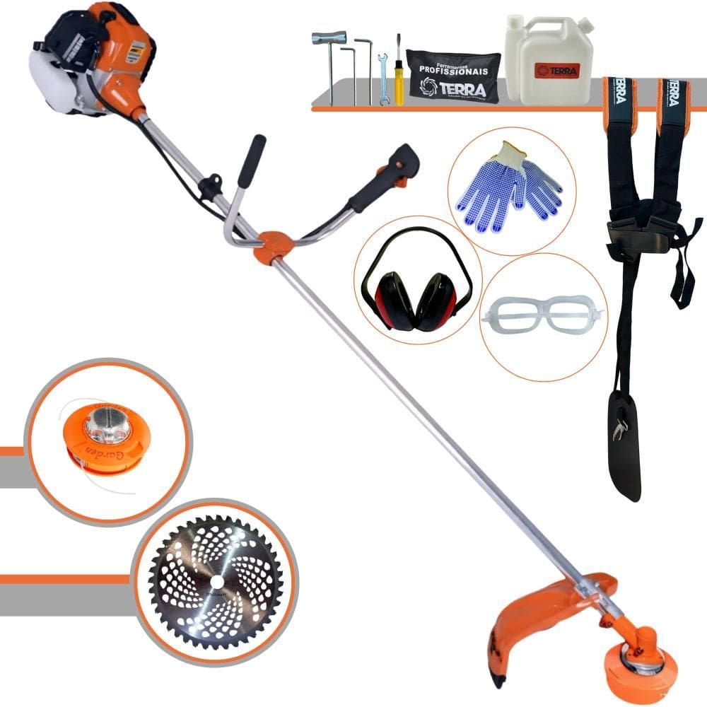 Máquina de Corta Grama Completo Terra GR520XP À Gasolina 2T 52cc 6500rpm 2,5HP de Potência Roçadeira Com Lâmina 40 Dentes Vídea + Carretel Nylon + EPI